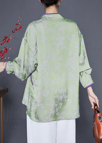 Chinese Style Green Print Chinese Button Silk Shirts Spring Ada Fashion