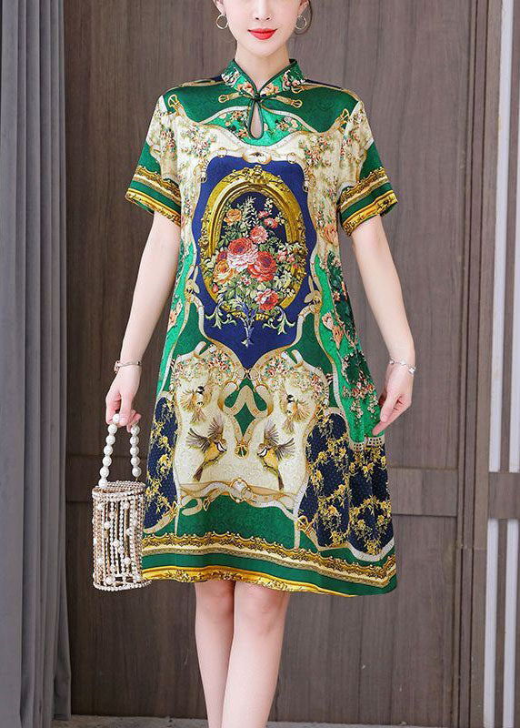 Chinese Style Green Print Mandarin Collar Silk A Line Dress Summer LC0212 - fabuloryshop