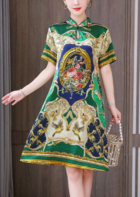 Chinese Style Green Print Mandarin Collar Silk A Line Dress Summer LC0212 - fabuloryshop