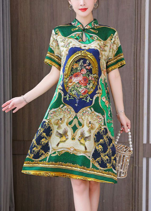 Chinese Style Green Print Mandarin Collar Silk A Line Dress Summer LY1682 - fabuloryshop