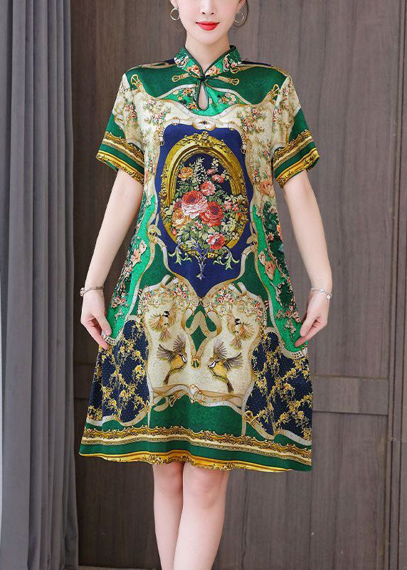 Chinese Style Green Print Mandarin Collar Silk A Line Dress Summer LC0212 - fabuloryshop