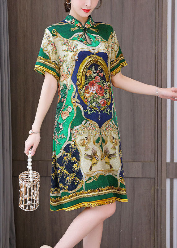 Chinese Style Green Print Mandarin Collar Silk A Line Dress Summer LC0212 - fabuloryshop