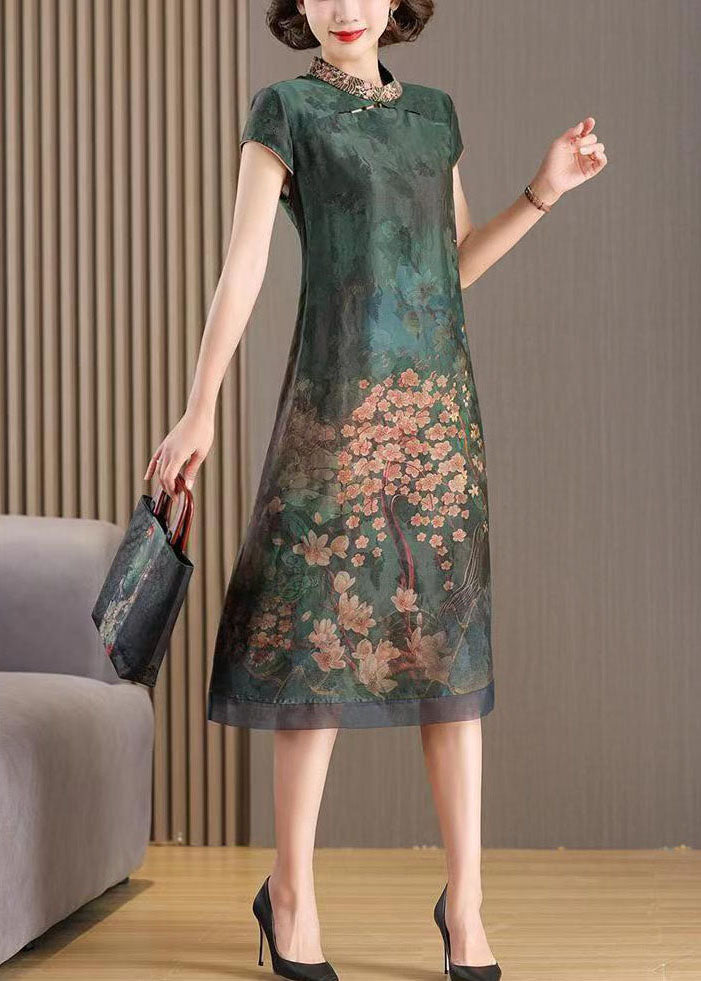 Chinese Style Green Stand Collar Embroideried Patchwork Silk Dresses Summer LY5967 Ada Fashion