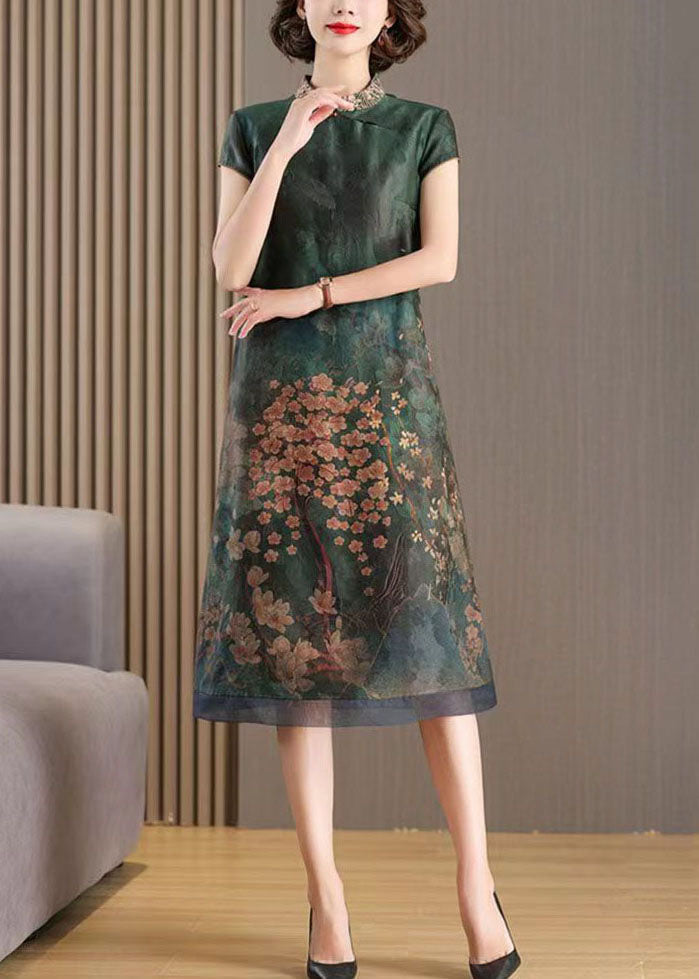 Chinese Style Green Stand Collar Embroideried Patchwork Silk Dresses Summer LY5967 Ada Fashion