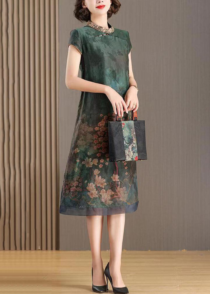 Chinese Style Green Stand Collar Embroideried Patchwork Silk Dresses Summer LY5967 Ada Fashion