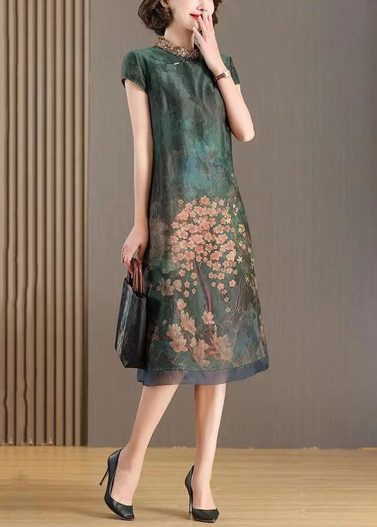 Chinese Style Green Stand Collar Embroideried Patchwork Silk Dresses Summer LY5967 Ada Fashion