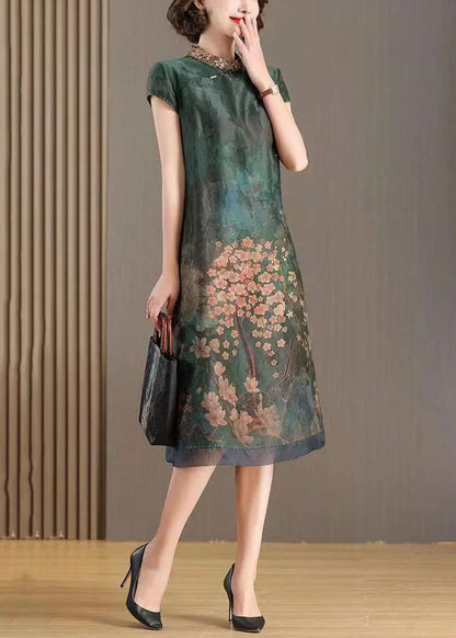 Chinese Style Green Stand Collar Embroideried Patchwork Silk Dresses Summer LY5967 Ada Fashion