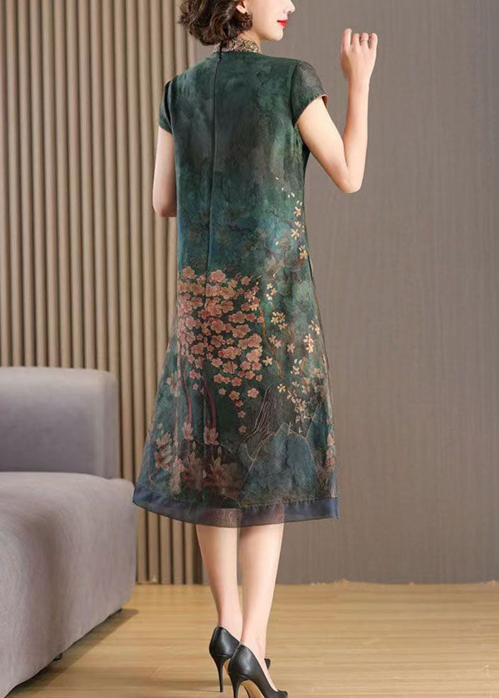 Chinese Style Green Stand Collar Embroideried Patchwork Silk Dresses Summer LY5967 Ada Fashion