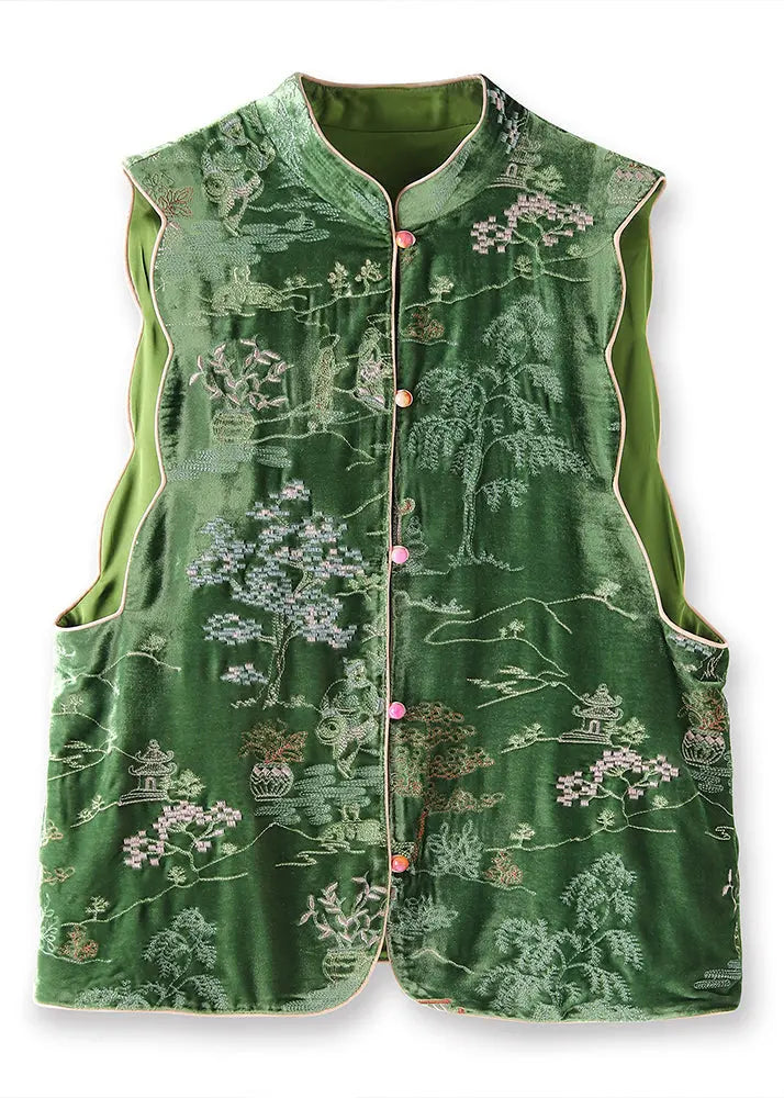 Chinese Style Green Stand Collar Embroideried Silk Velour Vest Tops Sleeveless Ada Fashion