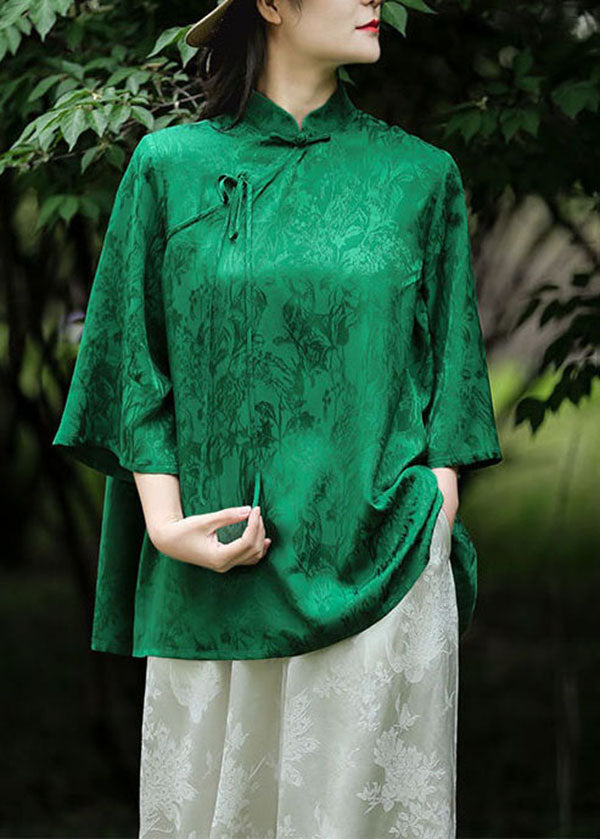 Chinese Style Green Stand Collar Jacquard Patchwork Silk Shirt Spring LY4609 - fabuloryshop