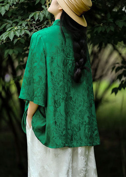 Chinese Style Green Stand Collar Jacquard Patchwork Silk Shirt Spring LY4609 - fabuloryshop