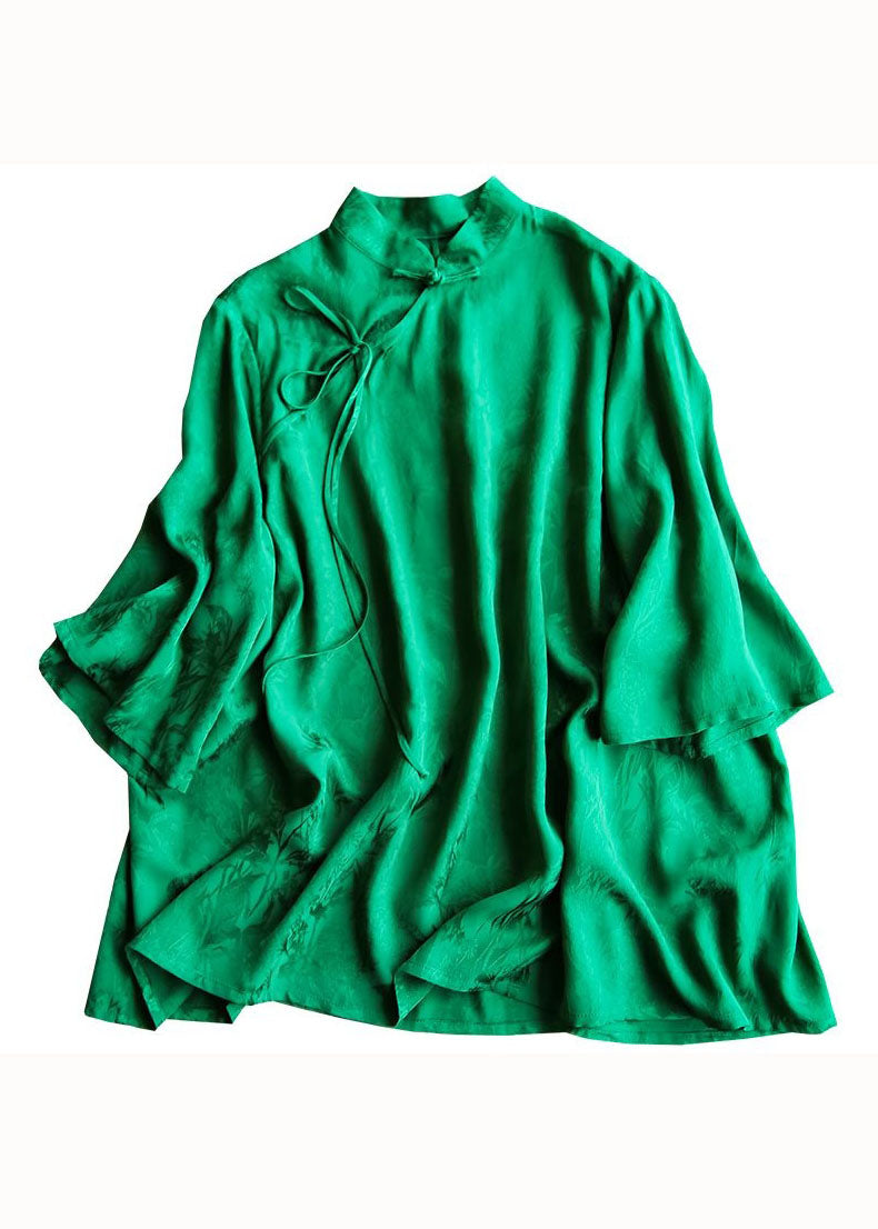 Chinese Style Green Stand Collar Jacquard Patchwork Silk Shirt Spring LY4609 - fabuloryshop