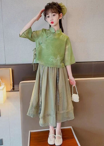 Chinese Style Green Stand Collar Patchwork Chiffon Baby Girls Two Pieces Set Summer LY6526 - fabuloryshop