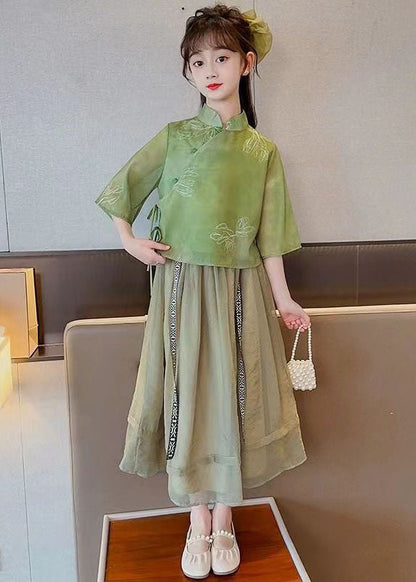 Chinese Style Green Stand Collar Patchwork Chiffon Baby Girls Two Pieces Set Summer LY6526 - fabuloryshop