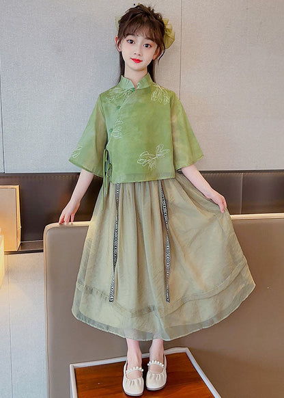 Chinese Style Green Stand Collar Patchwork Chiffon Baby Girls Two Pieces Set Summer LY6526 - fabuloryshop