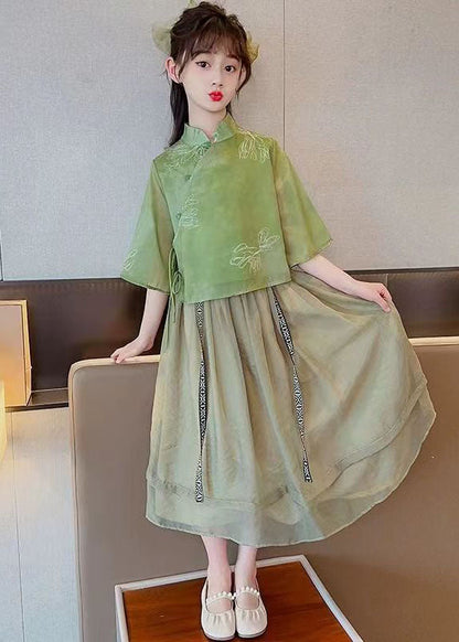 Chinese Style Green Stand Collar Patchwork Chiffon Baby Girls Two Pieces Set Summer LY6526 - fabuloryshop