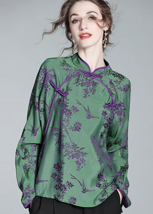 Chinese Style Green Stand Collar Patchwork Jacquard Silk Shirt Spring LC0281 - fabuloryshop