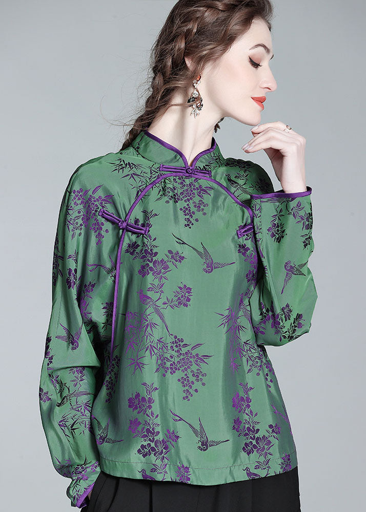 Chinese Style Green Stand Collar Patchwork Jacquard Silk Shirt Spring LC0281 - fabuloryshop