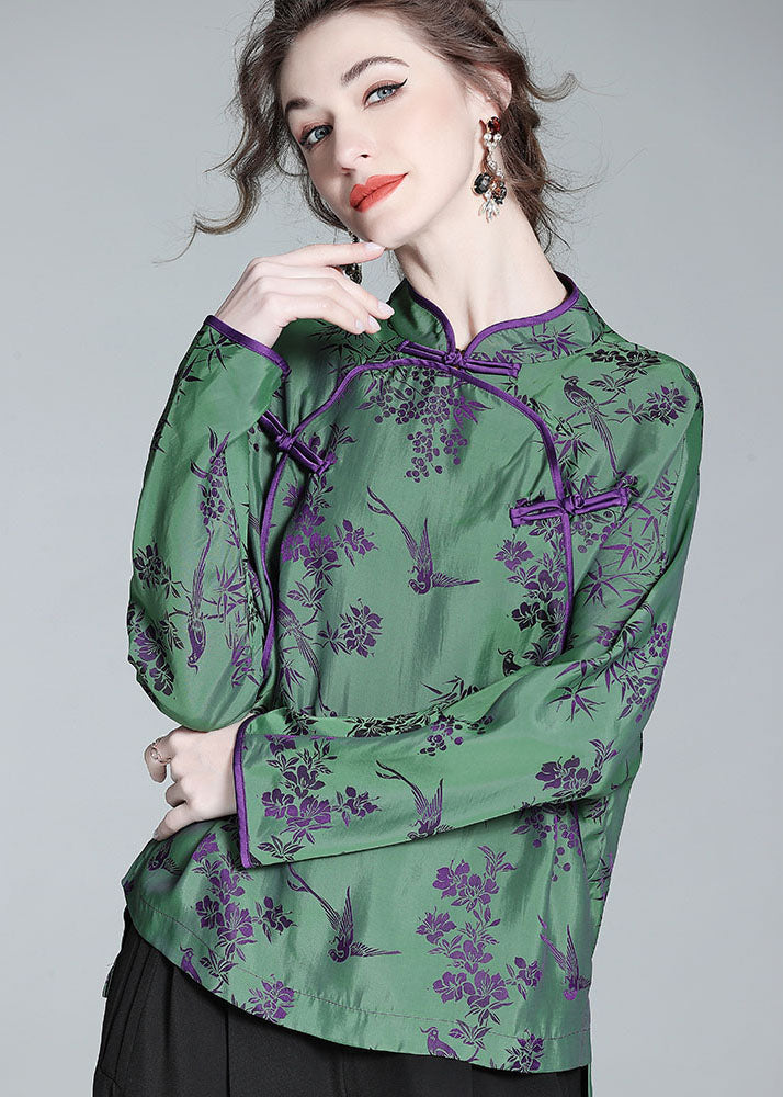 Chinese Style Green Stand Collar Patchwork Jacquard Silk Shirt Spring LC0281 - fabuloryshop