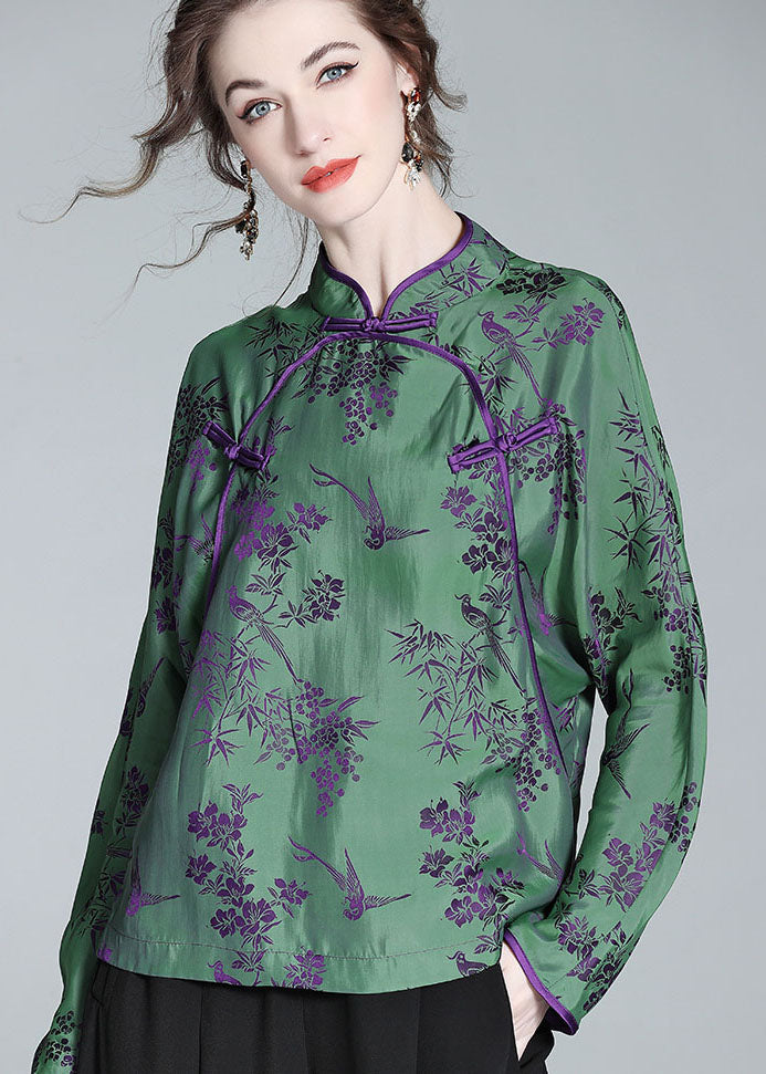 Chinese Style Green Stand Collar Patchwork Jacquard Silk Shirt Spring LC0281 - fabuloryshop