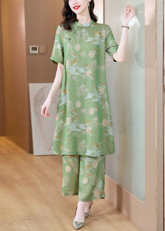 Chinese Style Green Stand Collar Print Silk Two Pieces Set Summe LY4680 - fabuloryshop
