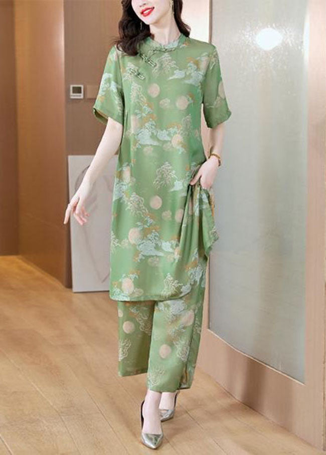 Chinese Style Green Stand Collar Print Silk Two Pieces Set Summe LY4680 - fabuloryshop