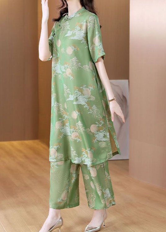 Chinese Style Green Stand Collar Print Silk Two Pieces Set Summe LY4680 - fabuloryshop