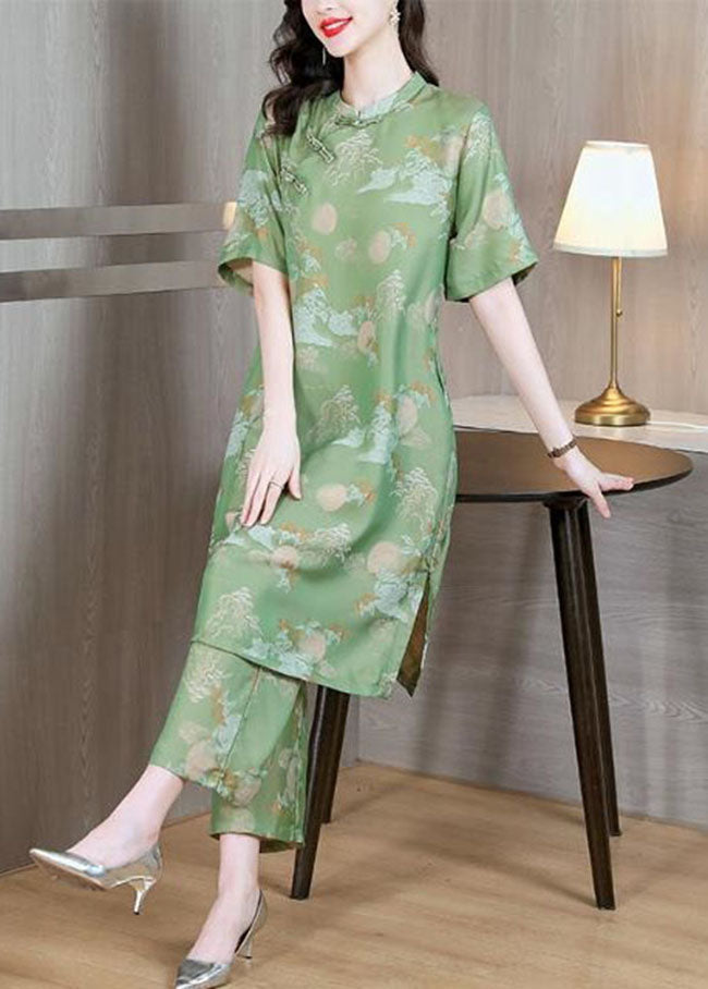 Chinese Style Green Stand Collar Print Silk Two Pieces Set Summe LY4680 - fabuloryshop