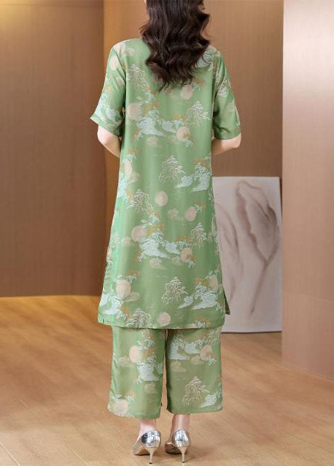 Chinese Style Green Stand Collar Print Silk Two Pieces Set Summe LY4680 - fabuloryshop