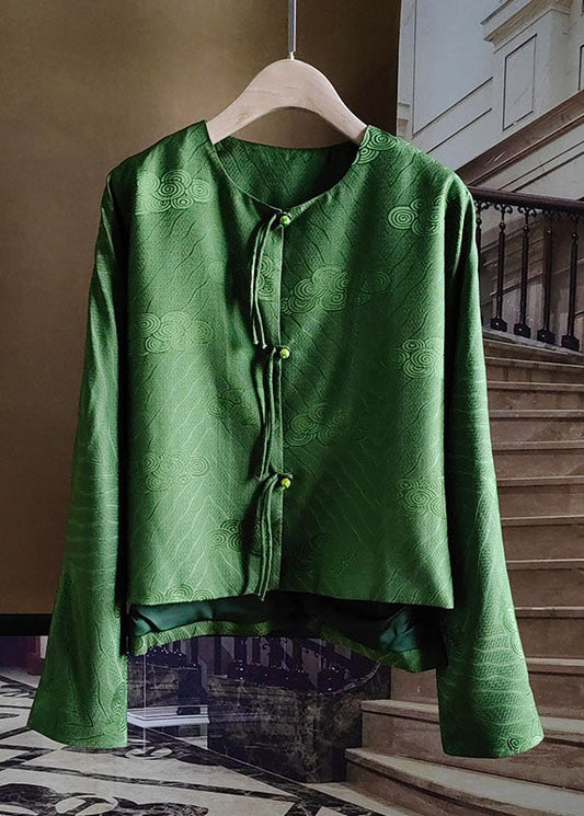 Chinese Style Green Tasseled Button Jacquard Silk Coats Spring LY0977 - fabuloryshop