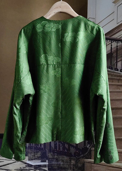 Chinese Style Green Tasseled Button Jacquard Silk Coats Spring LY0977 - fabuloryshop