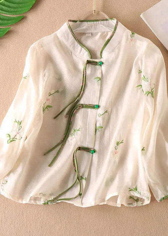 Chinese Style Green Tasseled Embroideried Patchwork Tulle Shirt Top Long sleeve Ada Fashion