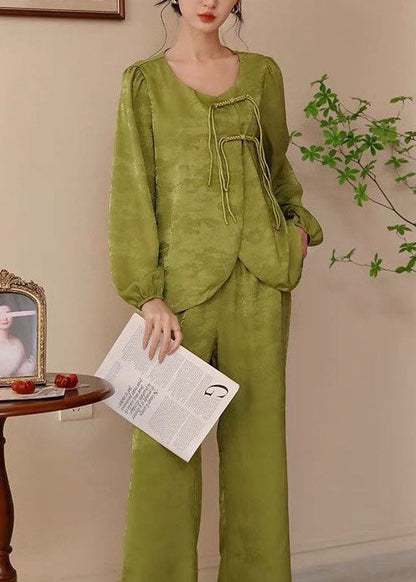 Chinese Style Green Tasseled Patchwork Ice Silk Pajamas Two Pieces Set Spring LY2756 - fabuloryshop