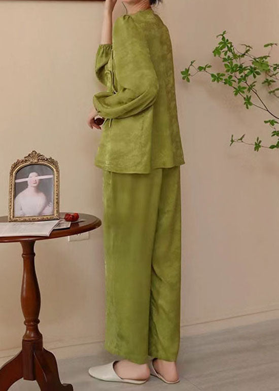 Chinese Style Green Tasseled Patchwork Ice Silk Pajamas Two Pieces Set Spring LY2756