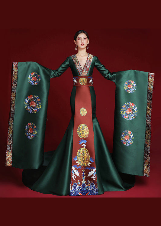 Chinese Style Green V Neck Embroideried Patchwork Dresses Long Sleeve Ada Fashion