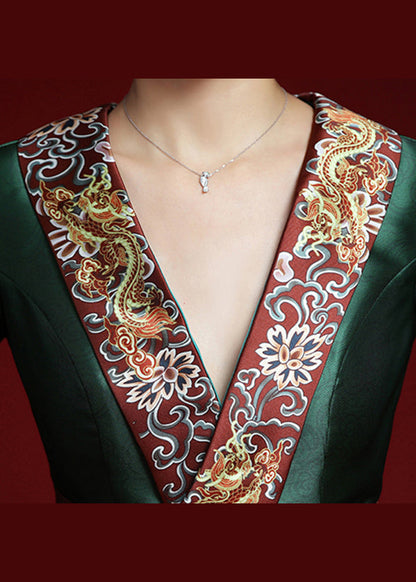 Chinese Style Green V Neck Embroideried Patchwork Dresses Long Sleeve Ada Fashion