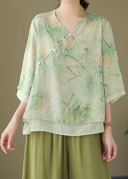 Chinese Style Green V Neck Print Patchwork Linen Shirt Tops Summer LY3926 - fabuloryshop