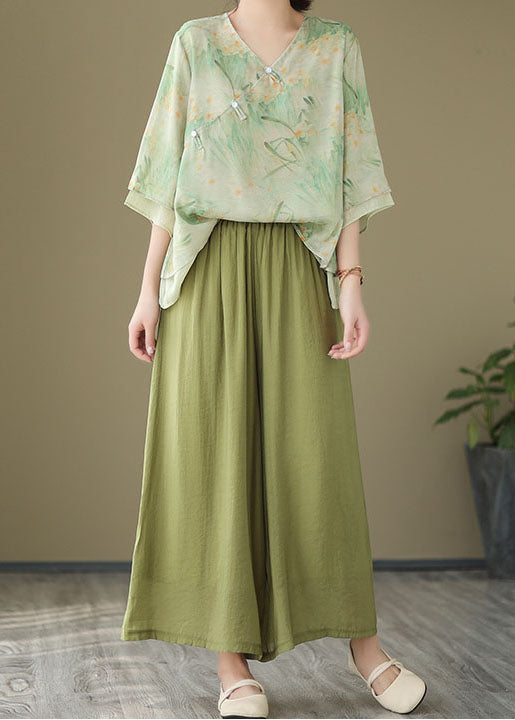 Chinese Style Green V Neck Print Patchwork Linen Shirt Tops Summer LY3926 - fabuloryshop