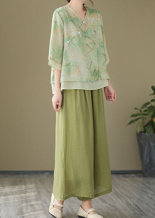 Chinese Style Green V Neck Print Patchwork Linen Shirt Tops Summer LY3926 - fabuloryshop