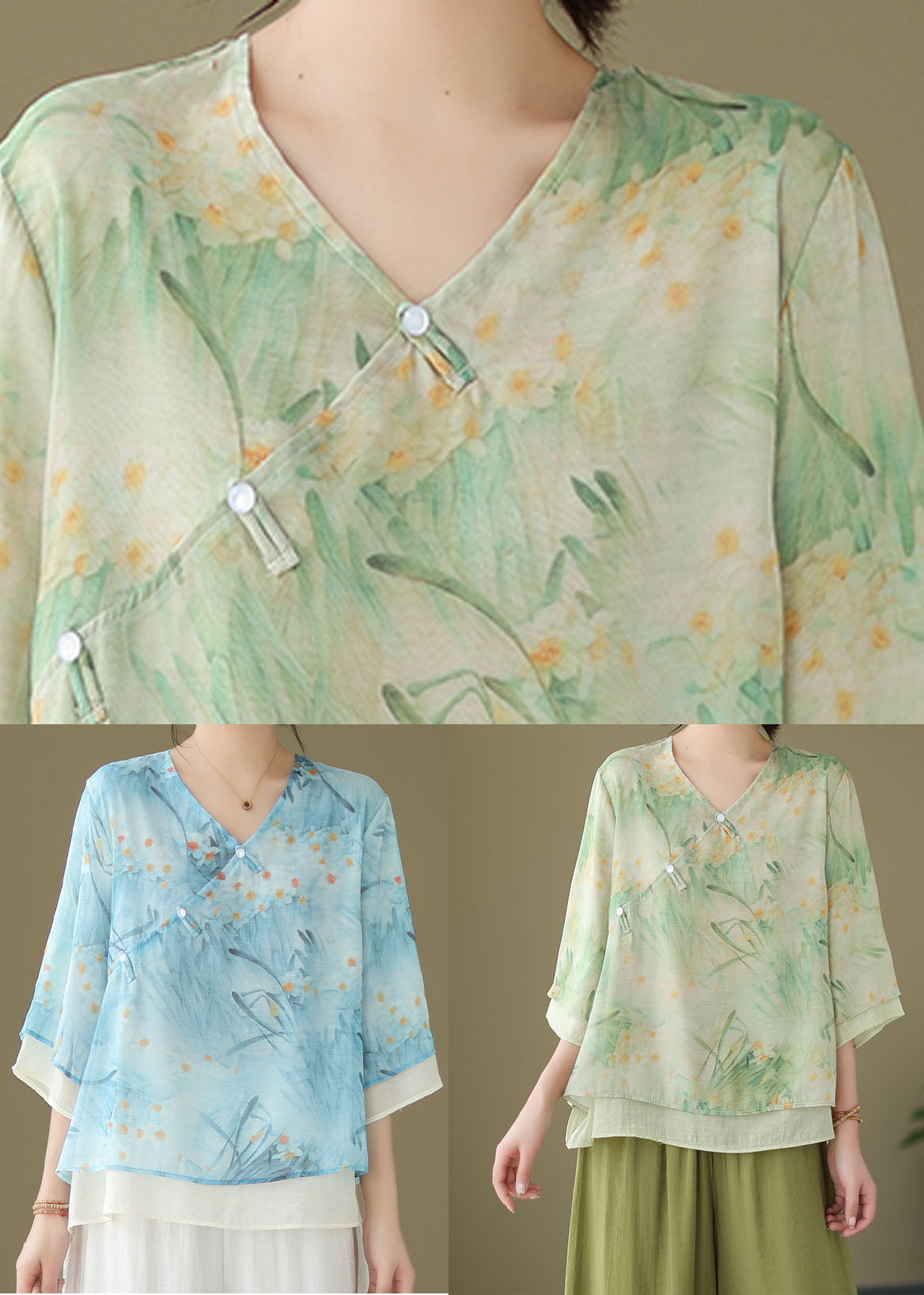 Chinese Style Green V Neck Print Patchwork Linen Shirt Tops Summer LY3926 - fabuloryshop