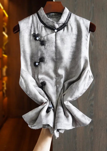 Chinese Style Grey Stand Collar Button Parka Waistcoat Sleeveless Ada Fashion