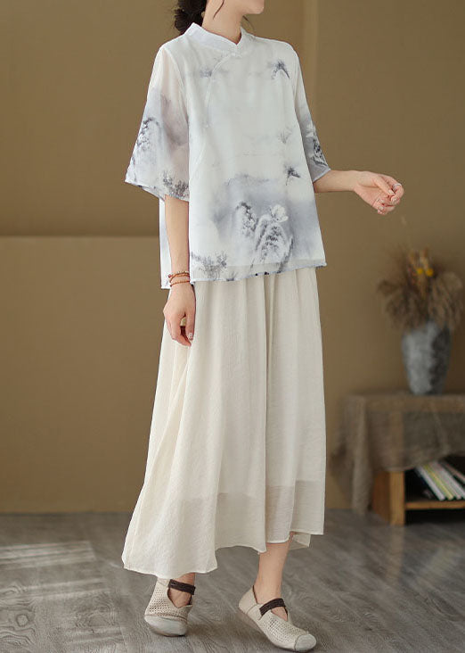 Chinese Style Grey Stand Collar Print Patchwork Silk Top Summer LY3970 - fabuloryshop