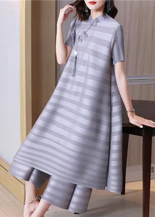 Chinese Style Grey Striped Wrinkled Tassel Dress And Pant Two Pieces Set Spring LY2790 - fabuloryshop