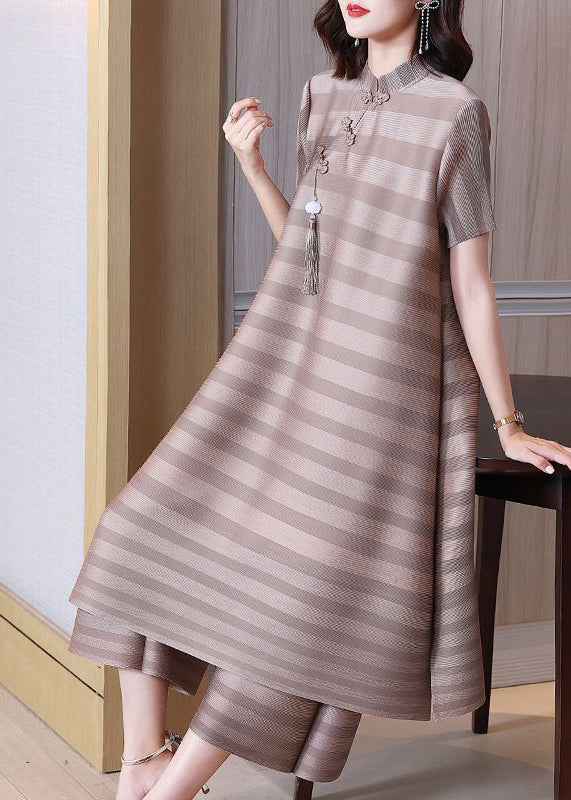 Chinese Style Grey Striped Wrinkled Tassel Dress And Pant Two Pieces Set Spring LY2790