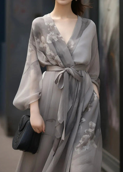 Chinese Style Grey V Neck Print Tie Waist Patchwork Chiffon Dress Fall Ada Fashion