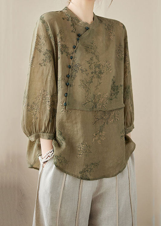 Chinese Style Khaki Green Stand Collar Print Patchwork Linen Shirt Summer LY3955 - fabuloryshop