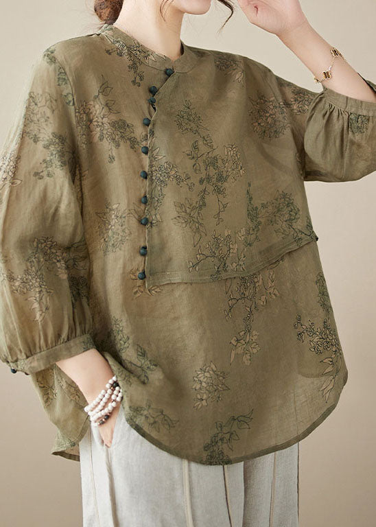 Chinese Style Khaki Green Stand Collar Print Patchwork Linen Shirt Summer LY3955 - fabuloryshop