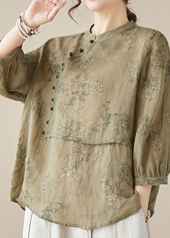 Chinese Style Khaki Green Stand Collar Print Patchwork Linen Shirt Summer LY3955 - fabuloryshop