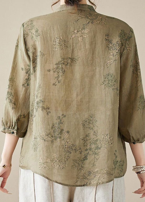 Chinese Style Khaki Green Stand Collar Print Patchwork Linen Shirt Summer LY3955 - fabuloryshop