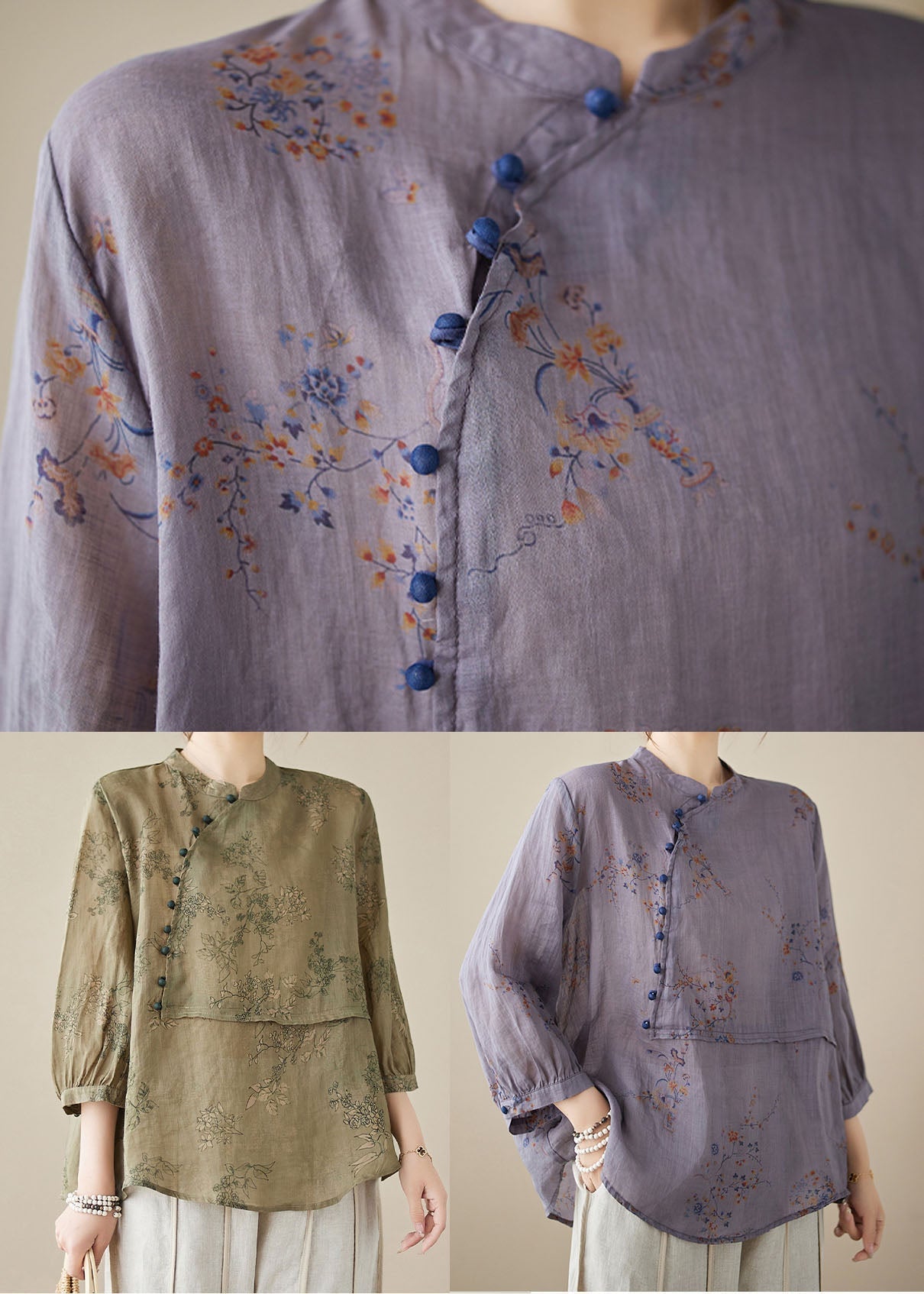 Chinese Style Khaki Green Stand Collar Print Patchwork Linen Shirt Summer LY3955 - fabuloryshop